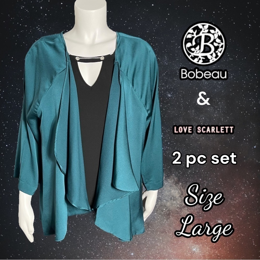 2 piece set - Bobeau Green Satin Drape Cardigan & Love Scarlett Blk Tank Large